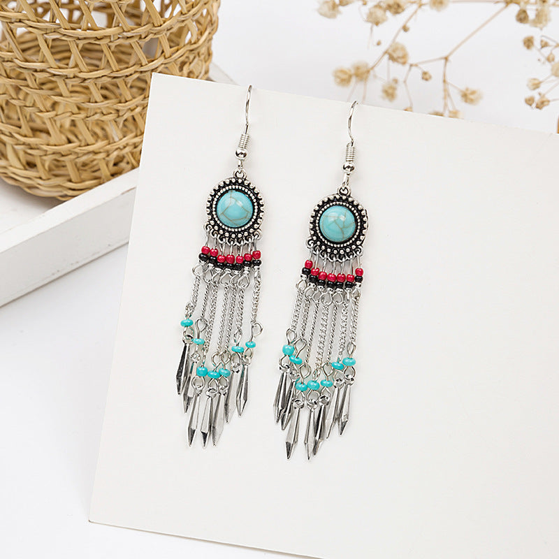 Wholesale Turquoise Bohemian Owl Dream Catcher Feather Alloy Earrings